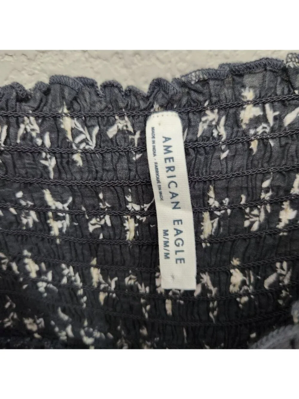 American Eagle Floral Smocked Long Sleeve Blouse Black & White M Lightweight